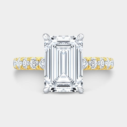 3.06ct Lab Grown Emerald Diamond French Pave Low Profile Yellow Gold And Platinum Engagement Ring