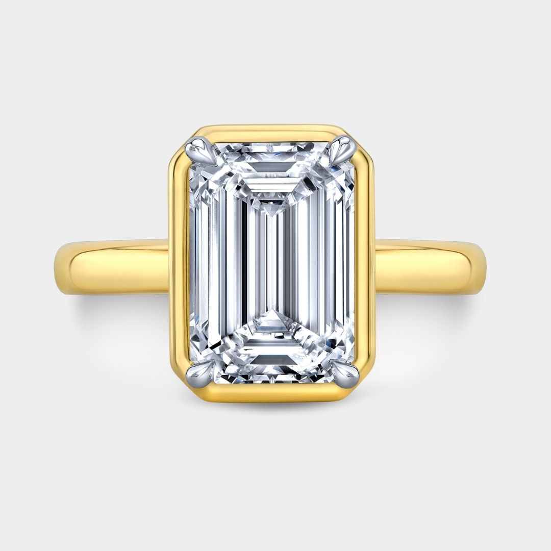 Emerald Diamond Mira Bezel Solitaire Yellow Gold And Platinum Engagement Ring