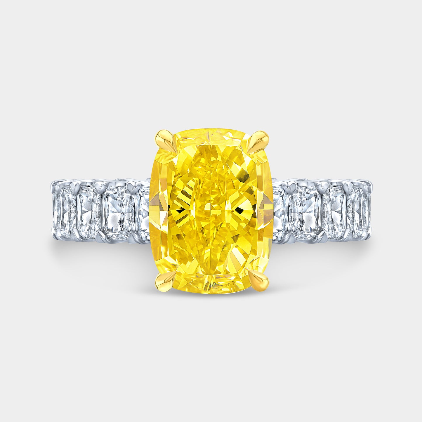3ct Cushion Canary Yellow Diamond with Radiant Cut Diamond Eternity Ring