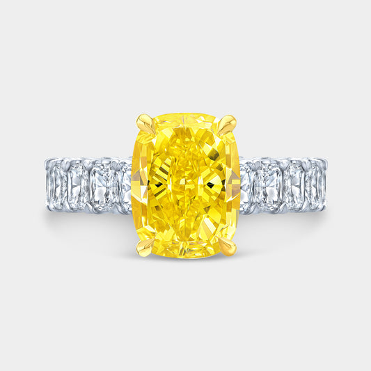3ct Cushion Canary Yellow Diamond with Radiant Cut Diamond Eternity Ring