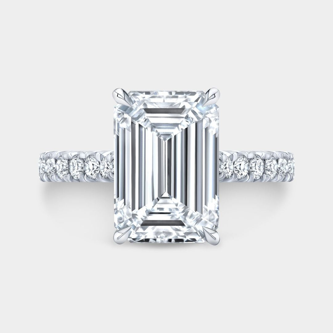 4.10ct Lab Emerald Diamond Hidden Halo Cathedral French Pave Platinum Engagement Ring