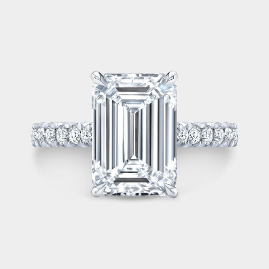 4.10ct Lab Emerald Diamond Hidden Halo Cathedral French Pave Platinum Engagement Ring