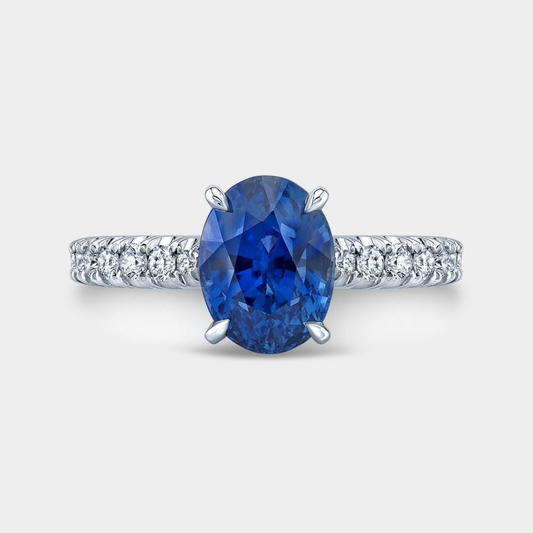 Oval Blue Sapphire Gemstone with U Pave Tapered Cathedral Platinum Engagement Ring
