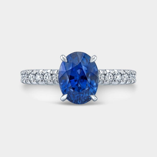 Oval Blue Sapphire Gemstone with U Pave Tapered Cathedral Platinum Engagement Ring
