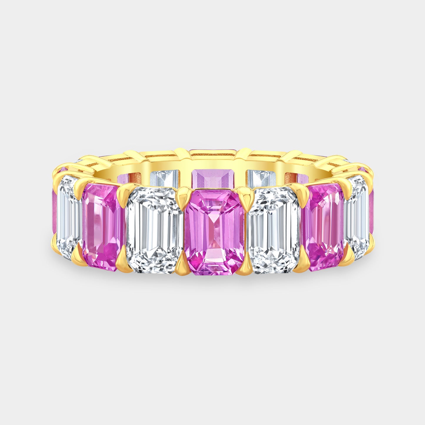 11ct Emerald Cut Pink Sapphire and Diamond 6.50mm Eternity Band