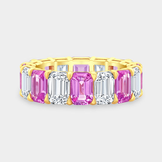11ct Emerald Cut Pink Sapphire and Diamond 6.50mm Eternity Band