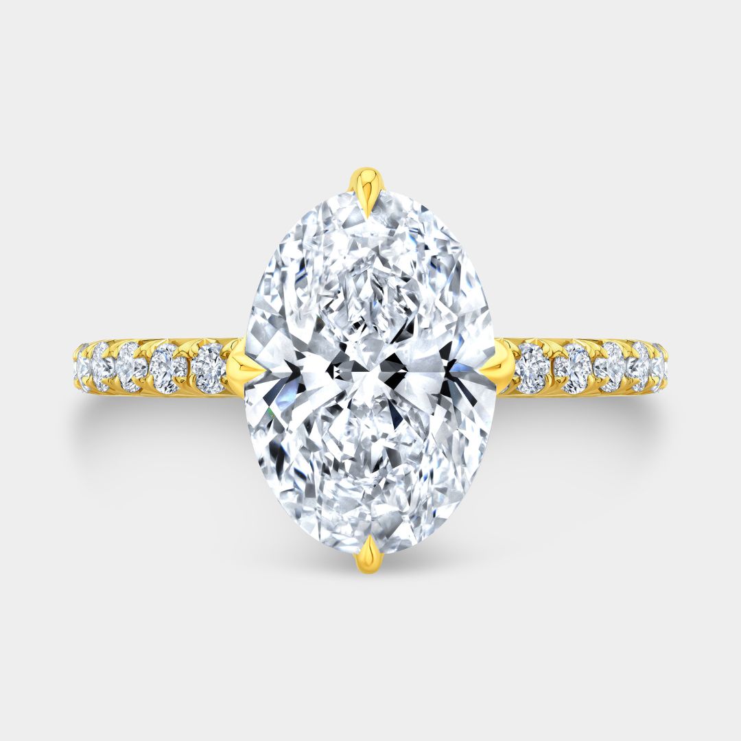 Oval Diamond Full Diamond Tulip Basket French Pave Yellow Gold Engagement Ring