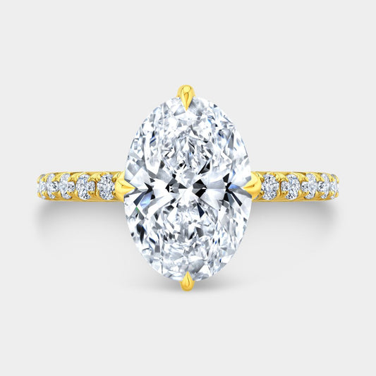 Oval Diamond Full Diamond Tulip Basket French Pave Yellow Gold Engagement Ring