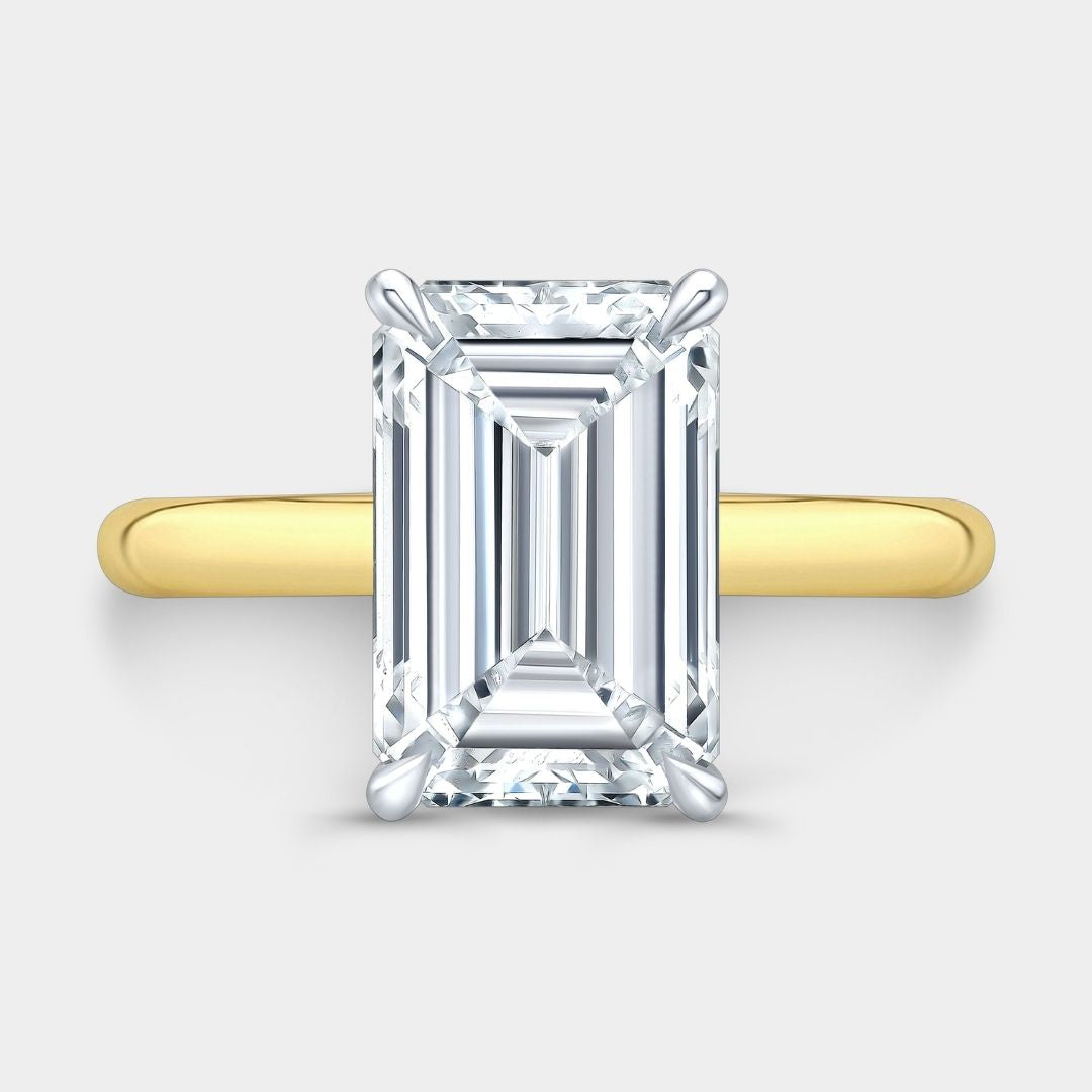 Emerald Diamond Hidden Halo Cathedral Solitaire Yellow Gold and Platinum Engagement Ring