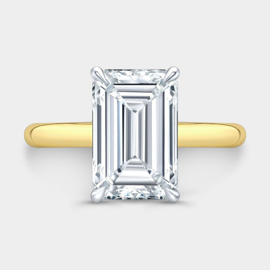 Emerald Diamond Hidden Halo Cathedral Solitaire Yellow Gold and Platinum Engagement Ring