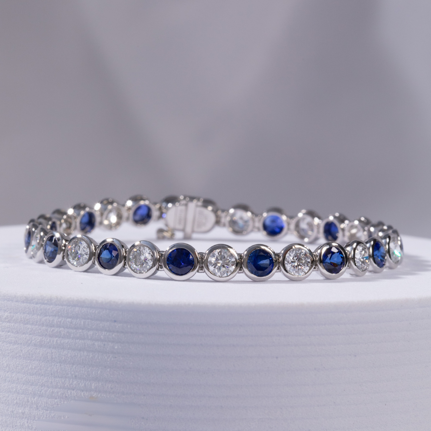 Natural Round Blue Sapphire & Diamond Bezel White Gold Tennis Bracelet