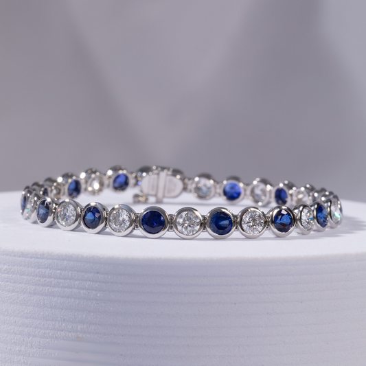 Natural Round Blue Sapphire & Diamond Bezel White Gold Tennis Bracelet