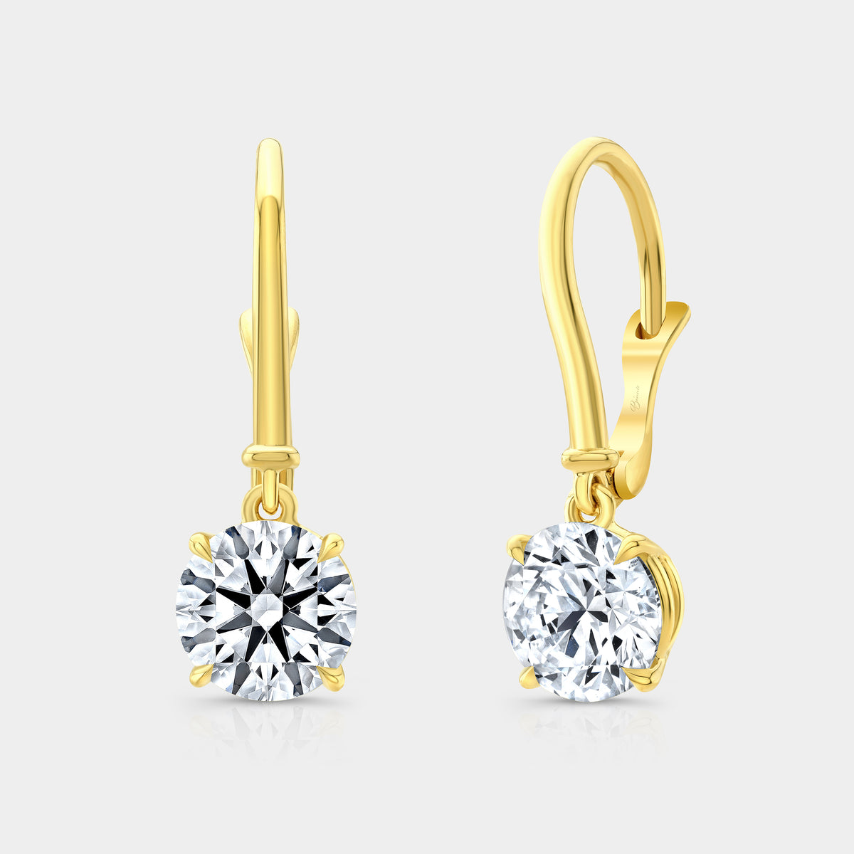 2ct Lab Grown Round Diamond 4 Prong Basket Yellow Gold Dangle Drop Earrings