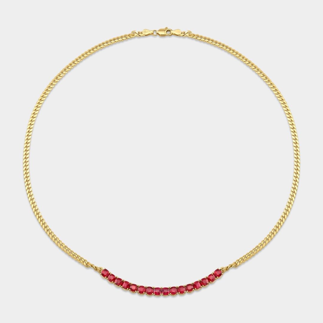 6ct Natural Cushion Cut Ruby Yellow Gold Cuban Tennis Necklace