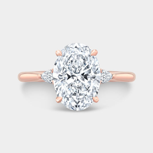 Oval Diamond 3 Stone Pear Shape Side Stones Rose Gold Engagement Ring