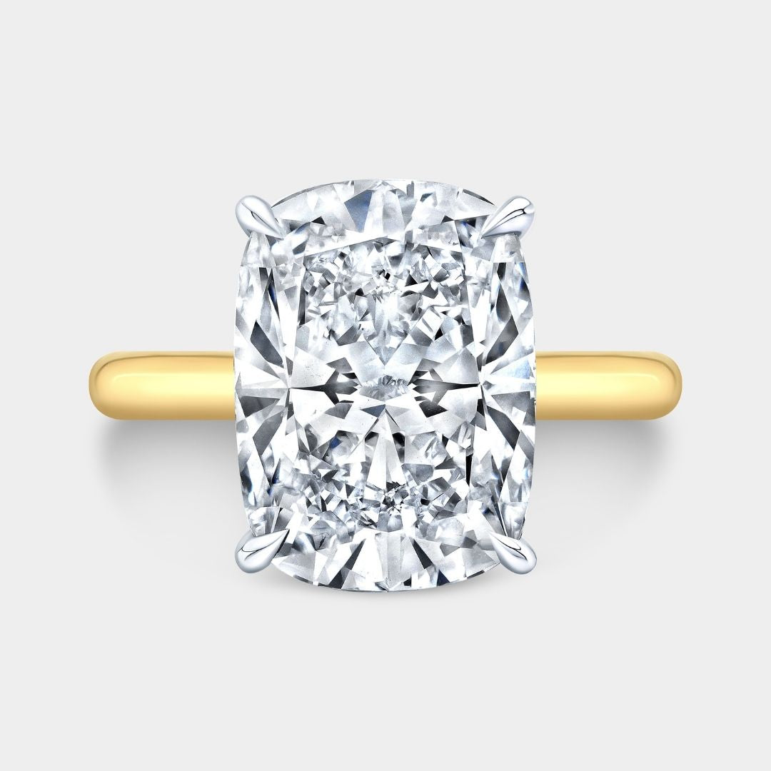 Cushion Diamond Hidden Halo Tapered Cathedral Solitaire Yellow Gold And Platinum Engagement Ring