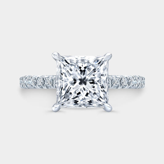 2.82ct Lab Grown Princess Diamond Hidden Halo Tapered Cathedral French Pavé Platinum Engagement Ring