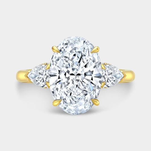 Oval Diamond Hidden Halo with Pear Shape Side Stones Yellow Gold Engagement Ring