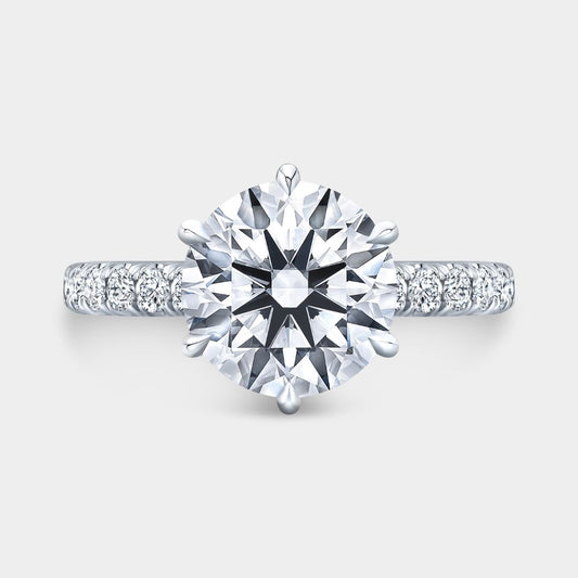 Round Diamond Hidden Halo Tapered Cathedral  6 Prong with French Pave Platinum Engagement Ring