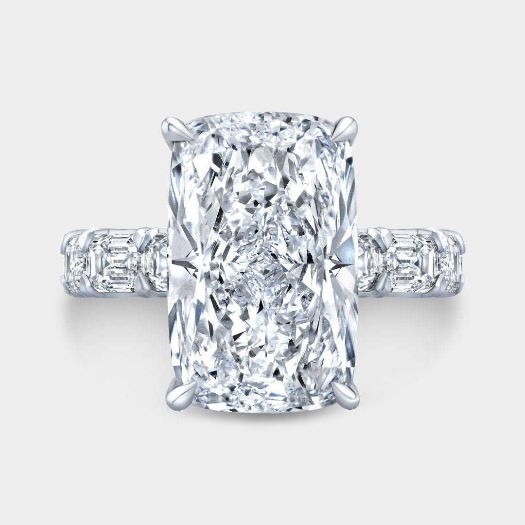 Cushion Diamond Hidden Halo East–West Emerald Cut Diamond Band Platinum Engagement Ring