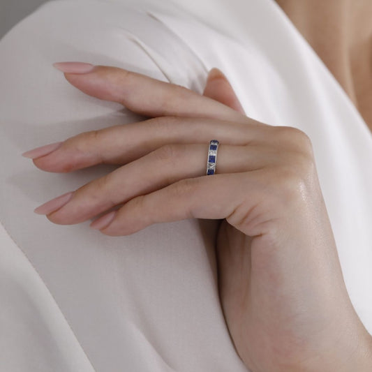 1ct Princess Cut Blue Sapphires and Diamond Channel Platinum Wedding Band