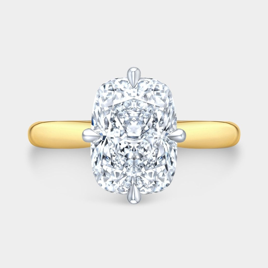 Cushion Diamond North South Prong Hidden Halo Tapered Cathedral Solitaire with Pave Diamond Bridge Yellow Gold And Platinum Engagement Ring