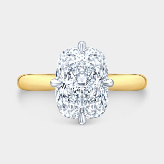 Cushion Diamond North South Prong Hidden Halo Tapered Cathedral Solitaire with Pave Diamond Bridge Yellow Gold And Platinum Engagement Ring
