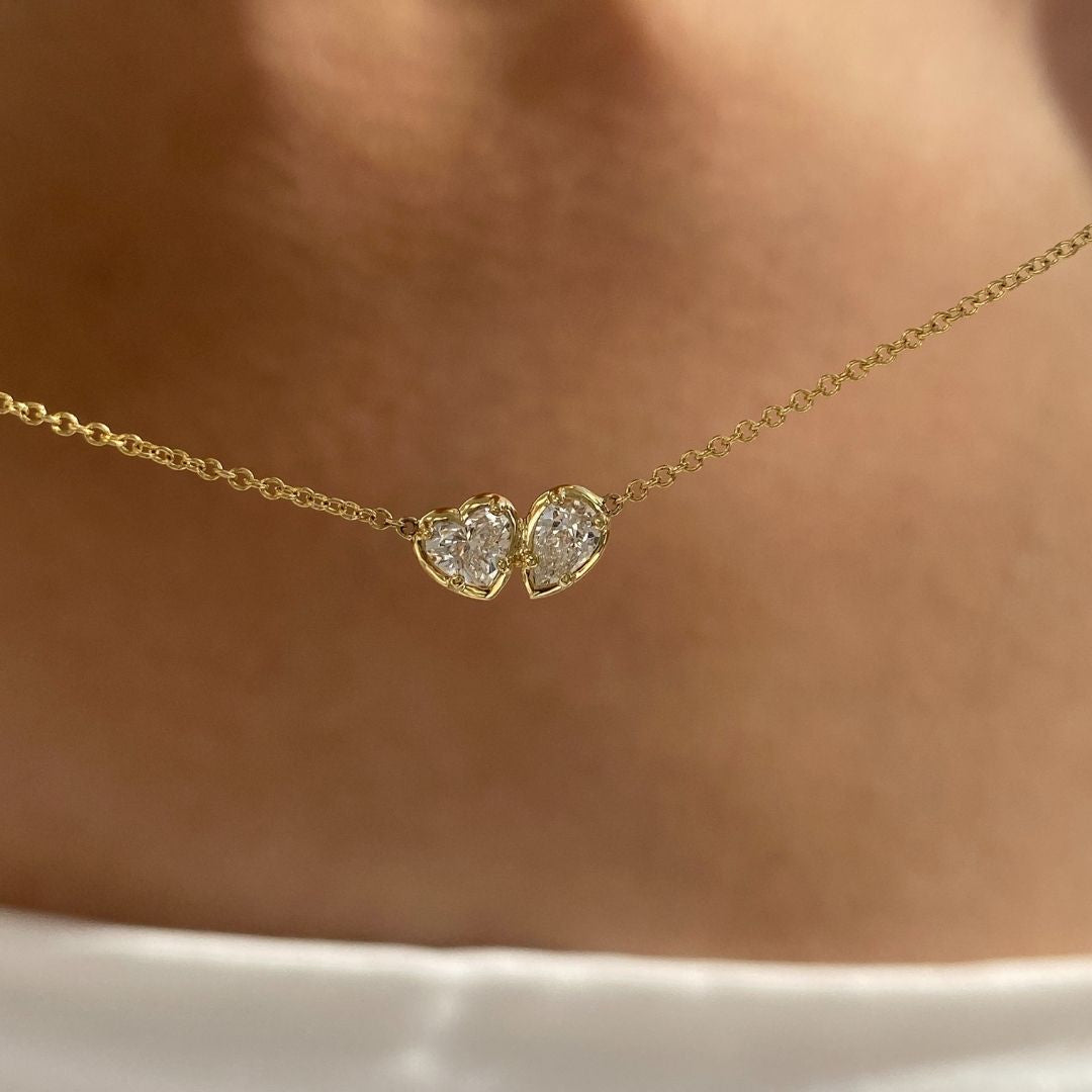 Toi Et Moi Heart & Pear Shape Diamond Bezel Pendant Yellow Gold Necklace