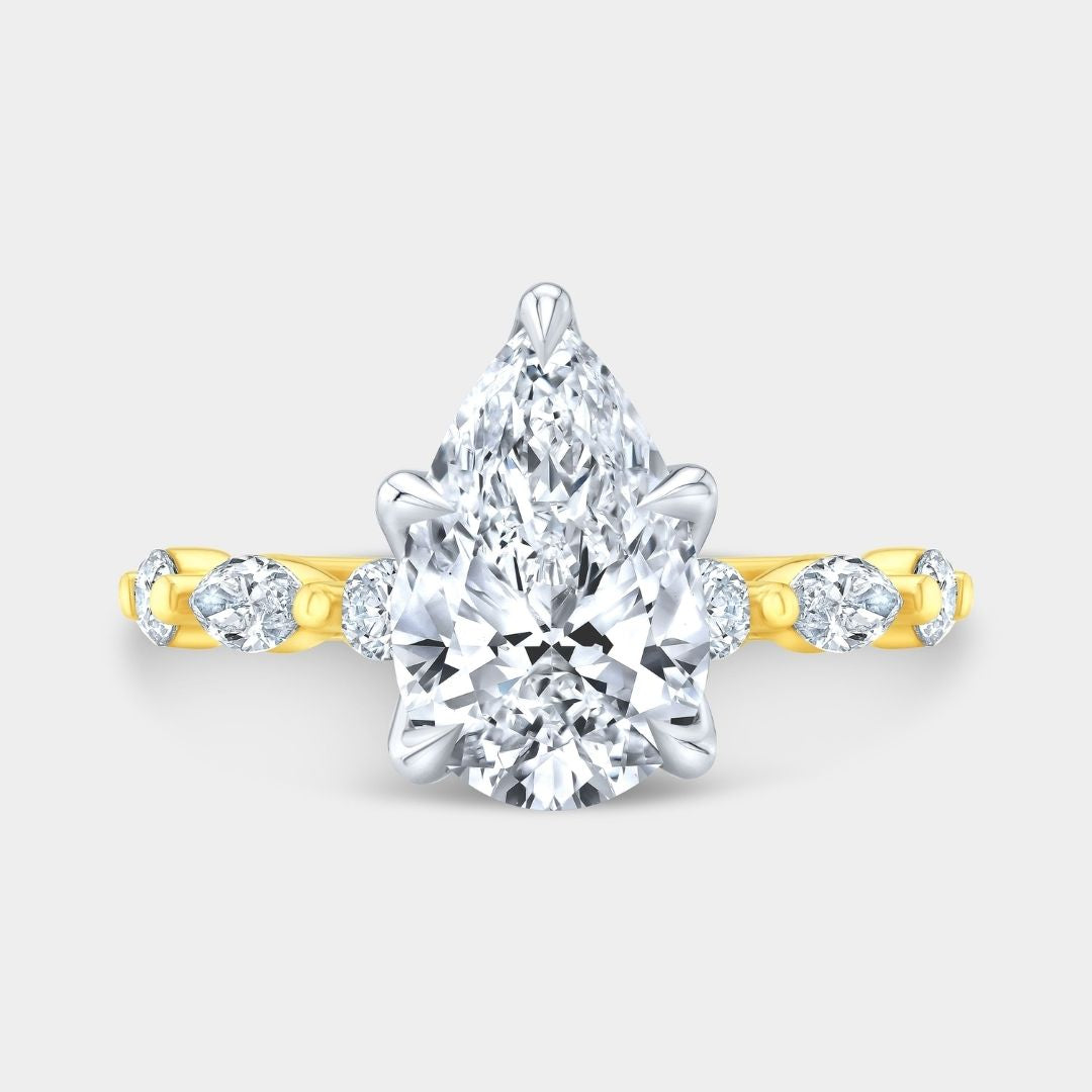 Pear Diamond Tulip French Pave Tulip Basket Petite Round & Marquise Diamond Band Engagement Ring
