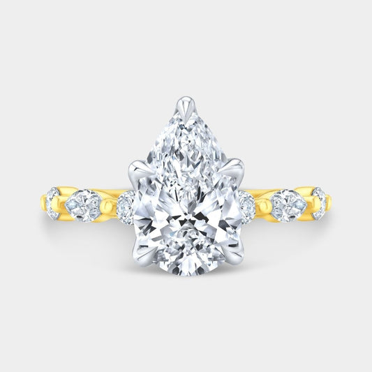Pear Diamond Tulip French Pave Tulip Basket Petite Round & Marquise Diamond Band Engagement Ring
