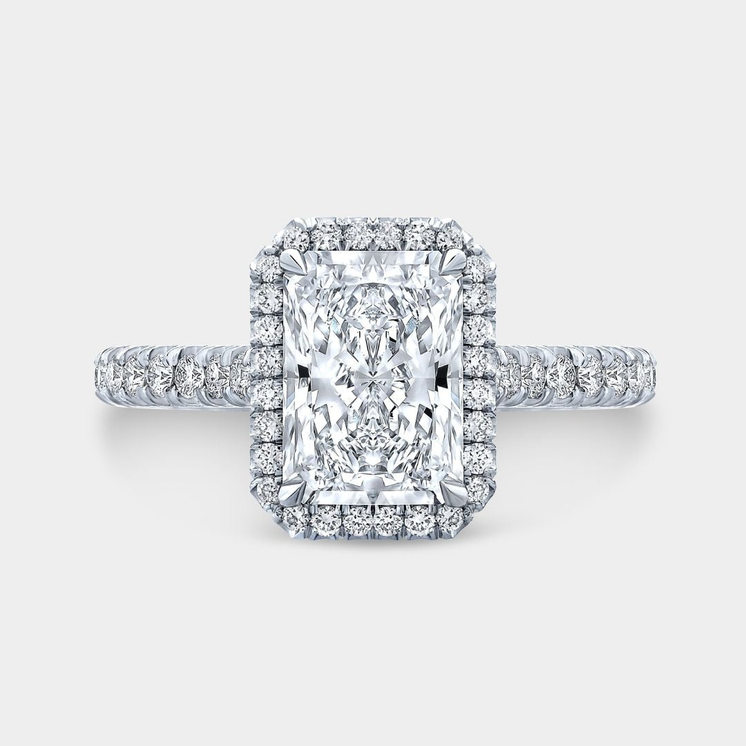 Radiant Diamond Seamless Halo Cathedral U Pave French Pave Platinum Engagement Ring