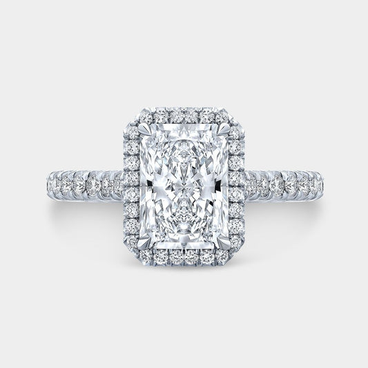 Radiant Diamond Seamless Halo Cathedral U Pave French Pave Platinum Engagement Ring