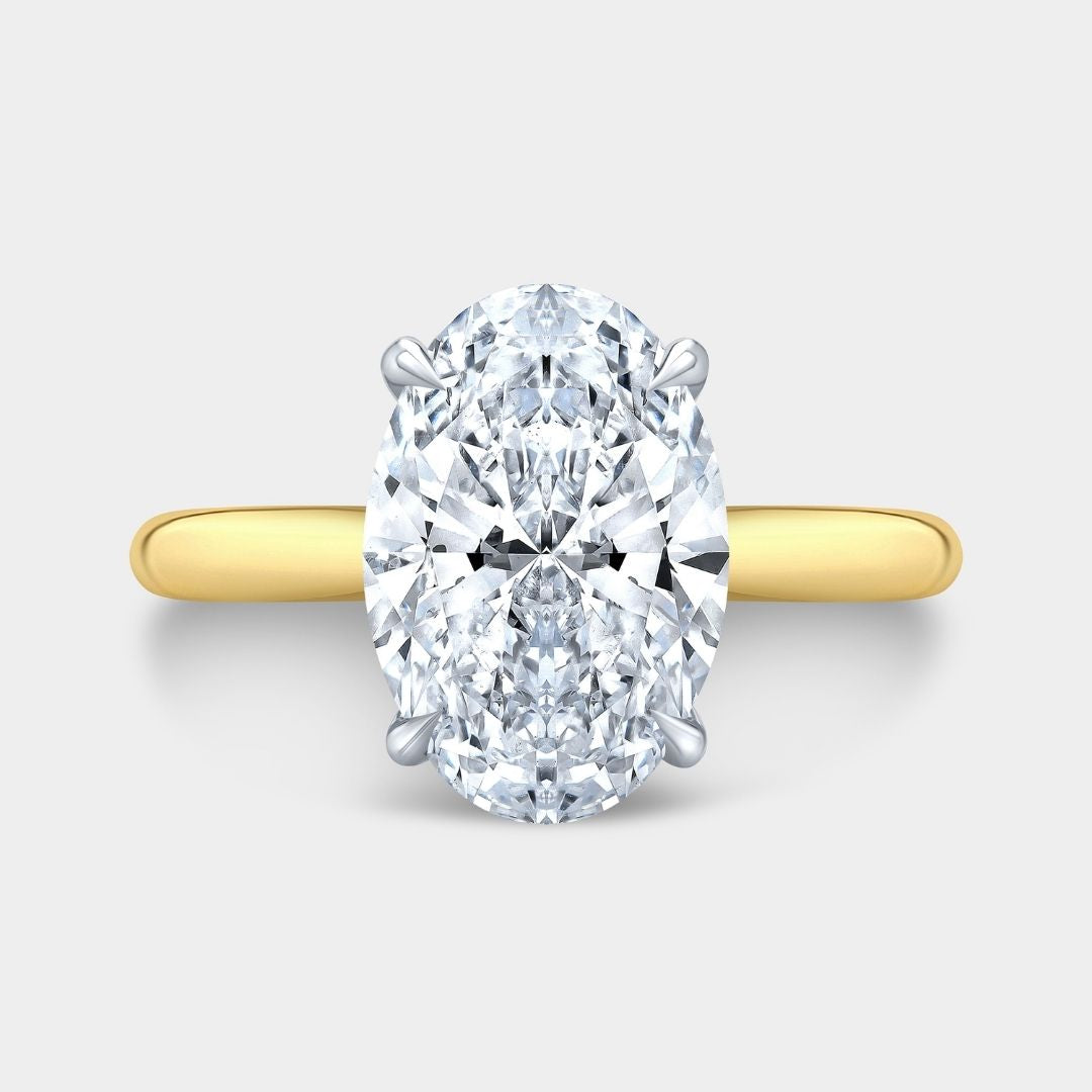 Oval Diamond Tulip Low Tapered Cathedral Solitaire Yellow Gold And Platinum Engagement Ring