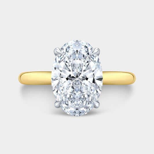 Oval Diamond Tulip Low Tapered Cathedral Solitaire Yellow Gold And Platinum Engagement Ring