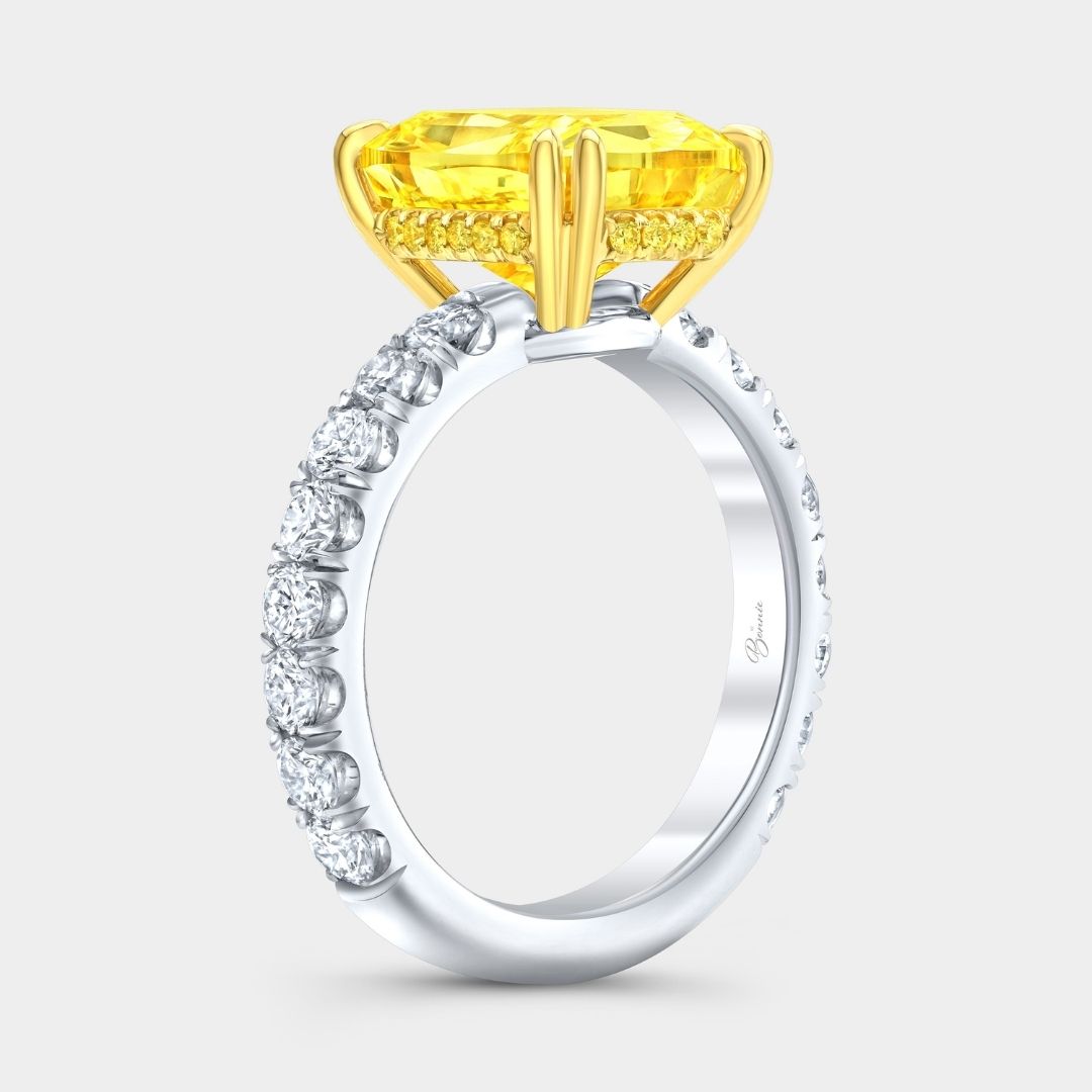 4.50ct Fancy Yellow Cushion Diamond Hidden Halo Double Prong 3/4 Way U Pave Yellow Gold and Platinum Engagement Ring