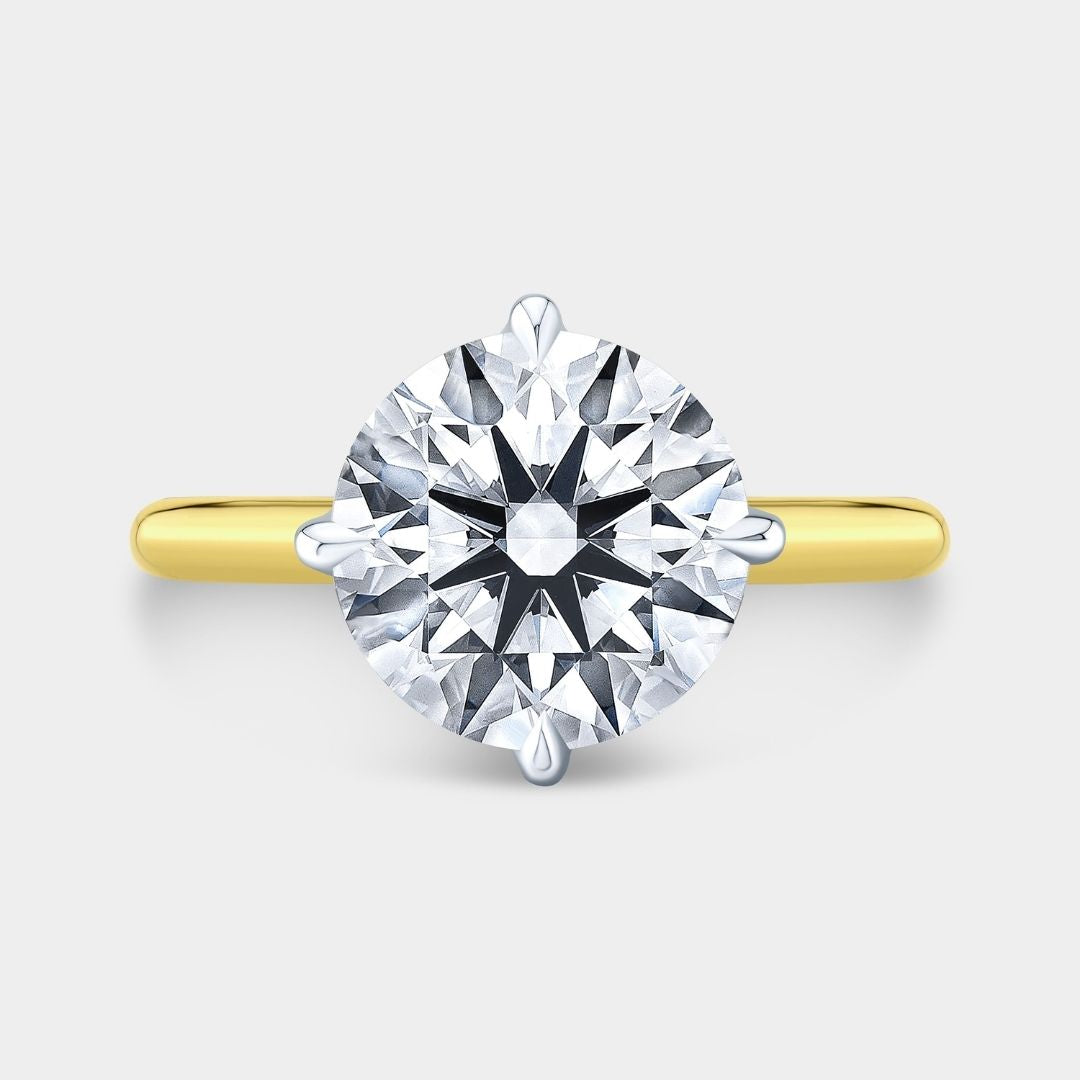 Round Diamond Compass Prong Tulip Basket Peekaboo Rubies Tapered Cathedral Diamond Bridge Solitaire Yellow Gold and Platinum Engagement Ring