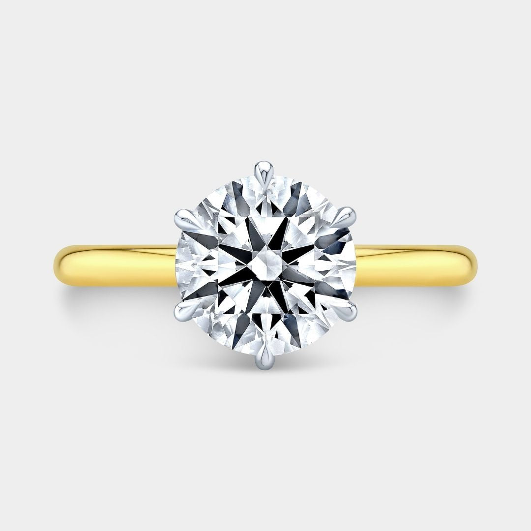 Round Diamond 6 Prong Hidden Halo Tapered Cathedral Diamond Bridge Solitaire Yellow Gold and Platinum Engagement Ring
