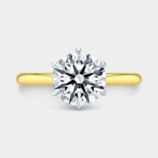 Round Diamond 6 Prong Hidden Halo Tapered Cathedral Diamond Bridge Solitaire Yellow Gold and Platinum Engagement Ring