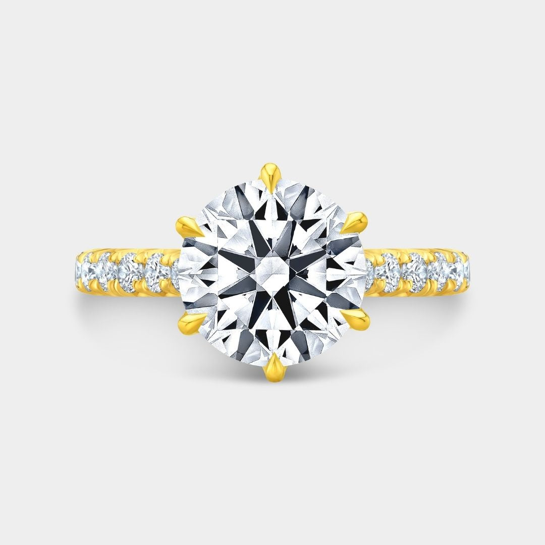 Round Diamond 6 Prong Tulip Basket Tapered Cathedral 3/4 Way French Pave Yellow Gold Engagement Ring