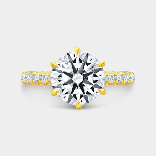 Round Diamond 6 Prong Tulip Basket Tapered Cathedral 3/4 Way French Pave Yellow Gold Engagement Ring