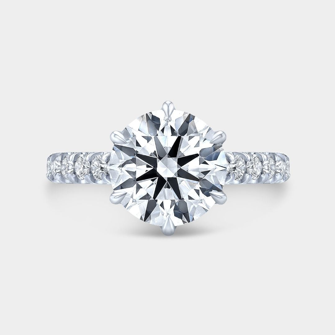 Round Diamond Tulip Basket 6 Prong Tapered Cathedral Pave Diamond Bridge U Pave Platinum Engagement Ring