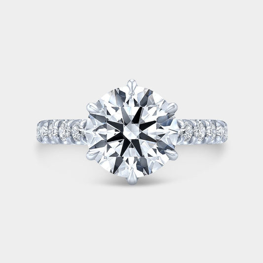 Round Diamond Tulip Basket 6 Prong Tapered Cathedral Pave Diamond Bridge U Pave Platinum Engagement Ring