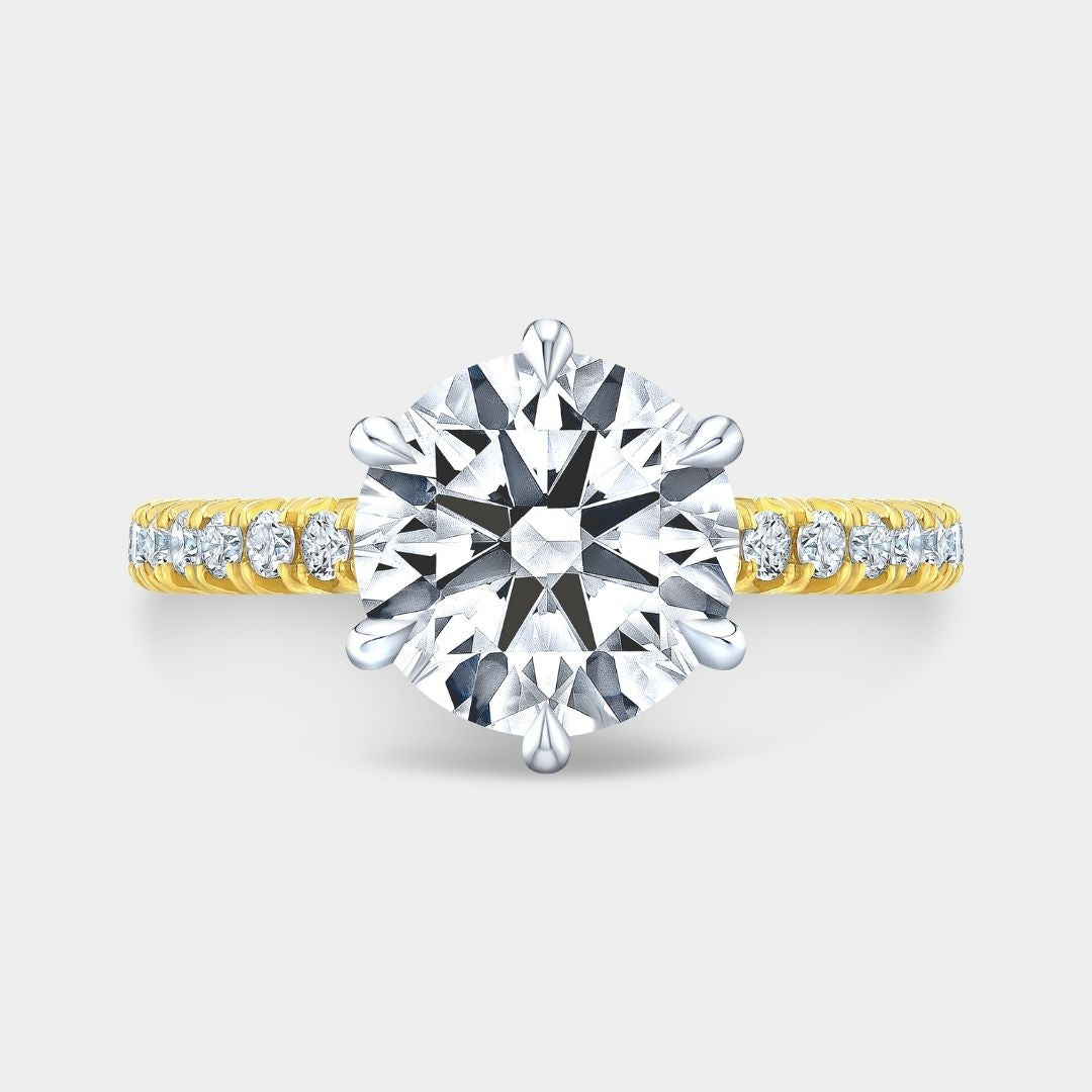 Round Diamond 6 Prong Low Tapered Cathedral French Pave Yellow Gold And Platinum Engagement Ring