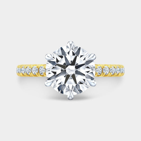 Round Diamond 6 Prong Low Tapered Cathedral French Pave Yellow Gold And Platinum Engagement Ring