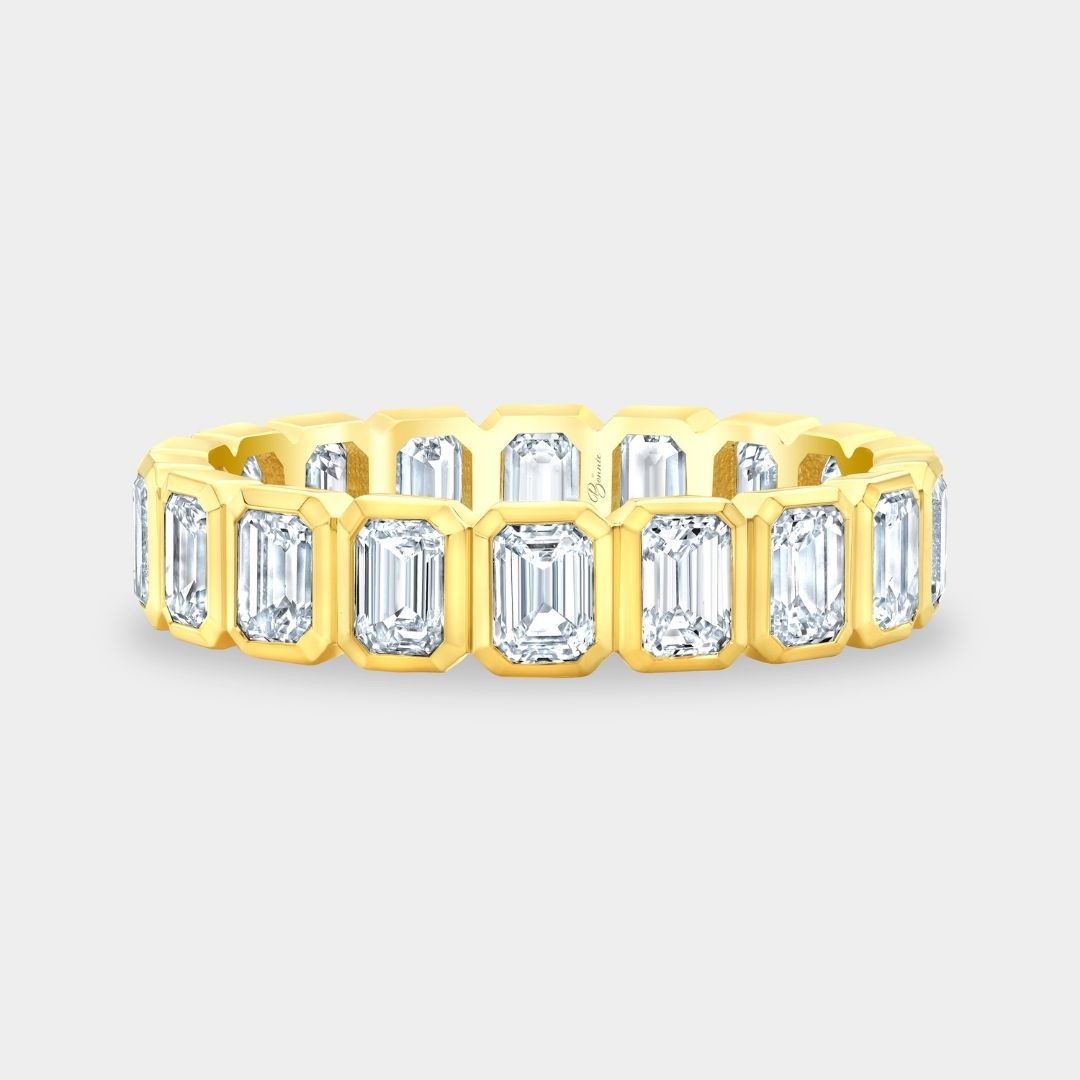 2.75ct Emerald Cut Diamond Bezel Set Yellow Gold Eternity Band