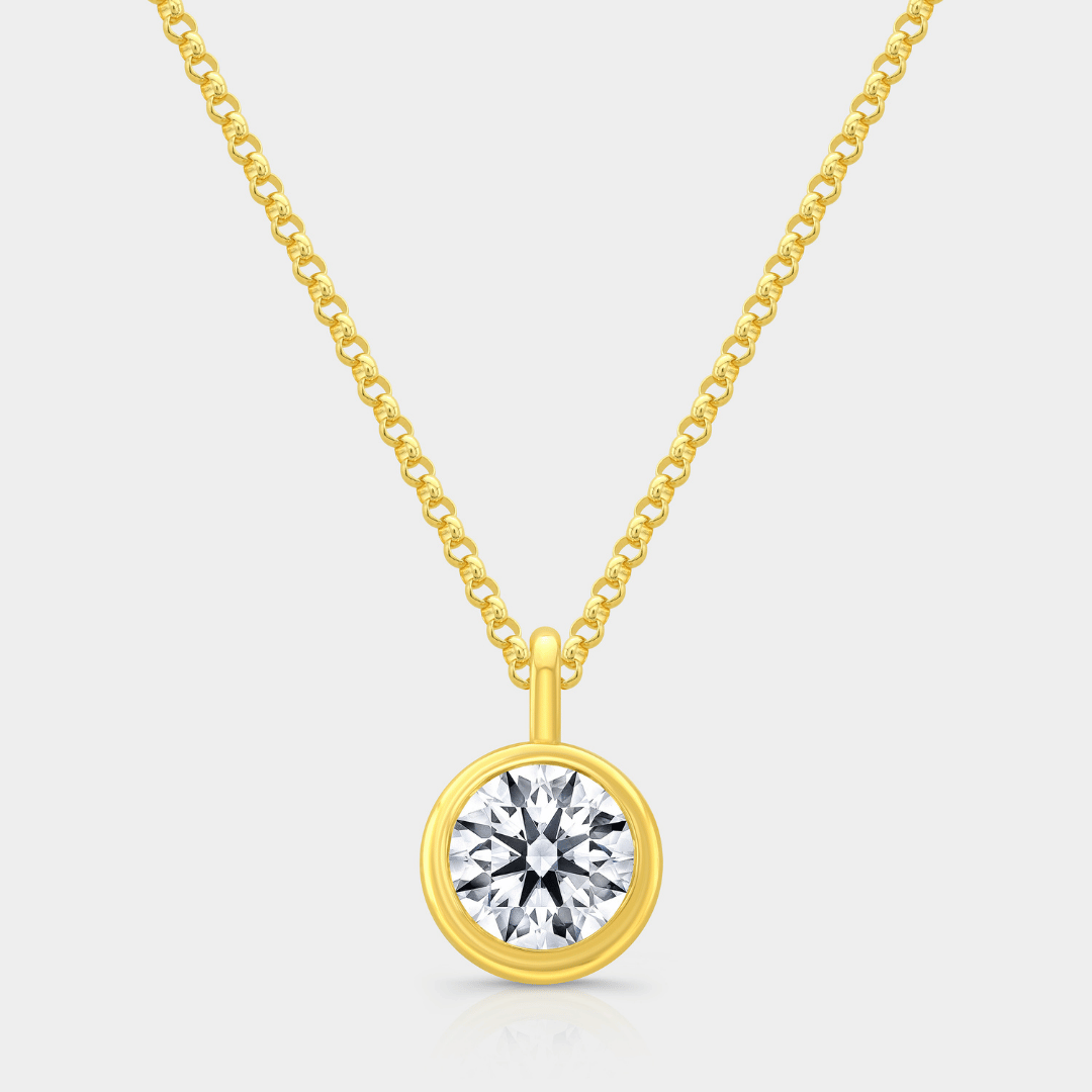 Round Brilliant Diamond Bezel Set Solitaire Pendant Yellow Gold Necklace