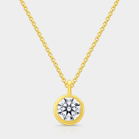 Round Brilliant Diamond Bezel Set Solitaire Pendant Yellow Gold Necklace
