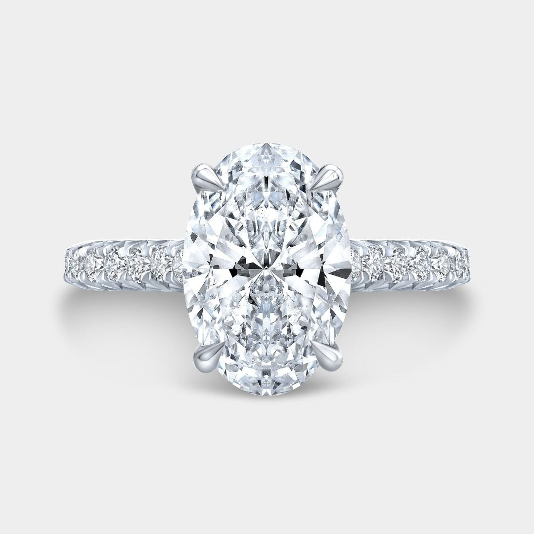 Oval Diamond Hidden Halo Hidden Blue Sapphire Cathedral French Pave Platinum Engagement Ring