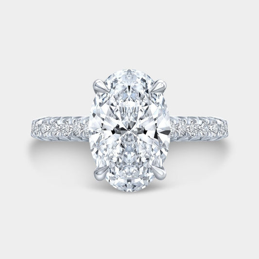 Oval Diamond Hidden Halo Hidden Blue Sapphire Cathedral French Pave Platinum Engagement Ring