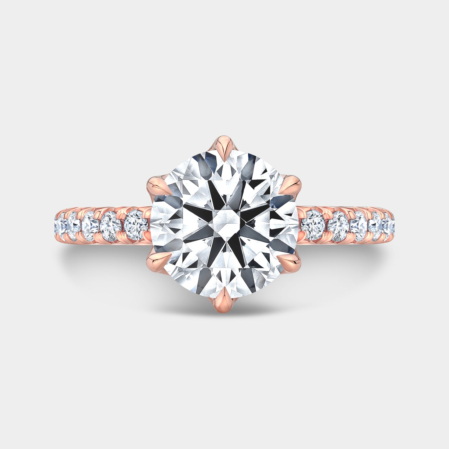 Round Diamond Tulip Basket 6 Prong Tapered Cathedral French Pave Rose Gold Engagement Ring